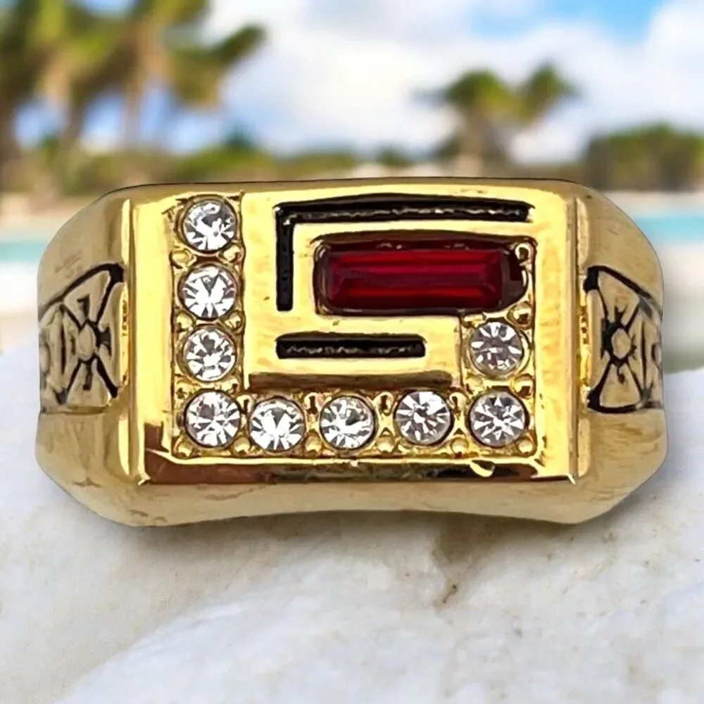 Vintage 1960s Ring Size 8 Red Crystal CZ Art Deco Revival Gold Plated - 14Q